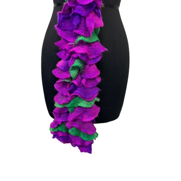 Hand-Knitted Ruffle Scarf In Vibrant Purple & Green - Picture 3 of 4